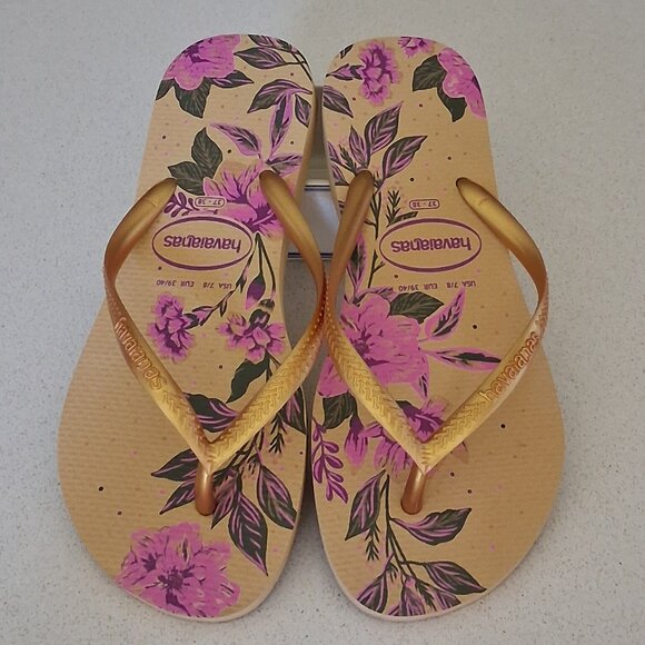 Havaianas Slim Organic Golden Orchid Floral Flip Flops Women's Size 7/8 - Picture 1 of 12